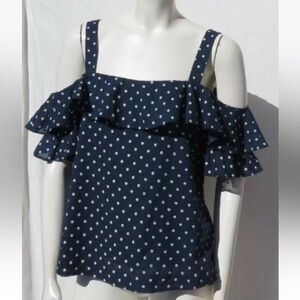 J CREW Navy Blue White Polka Dot Cold Shoulder Ruffle Shirt Blouse Top Size S